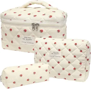 3 Piece Cute Pink Strawberry Cotton Quilted Makeup Bag Set, Large Capacity Travel Makeup Bags for Women and Girls, Includes Small, Medium, and Extra Large aesthetic makeup&Cosmetic Bags