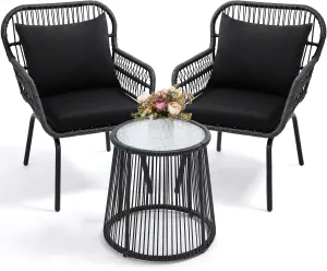 3 Piece Rattan Wicker Bistro Set, Outdoor Conversation Furniture Set with Glass Top Table, Space Saving for Balcony, Backyard, Black