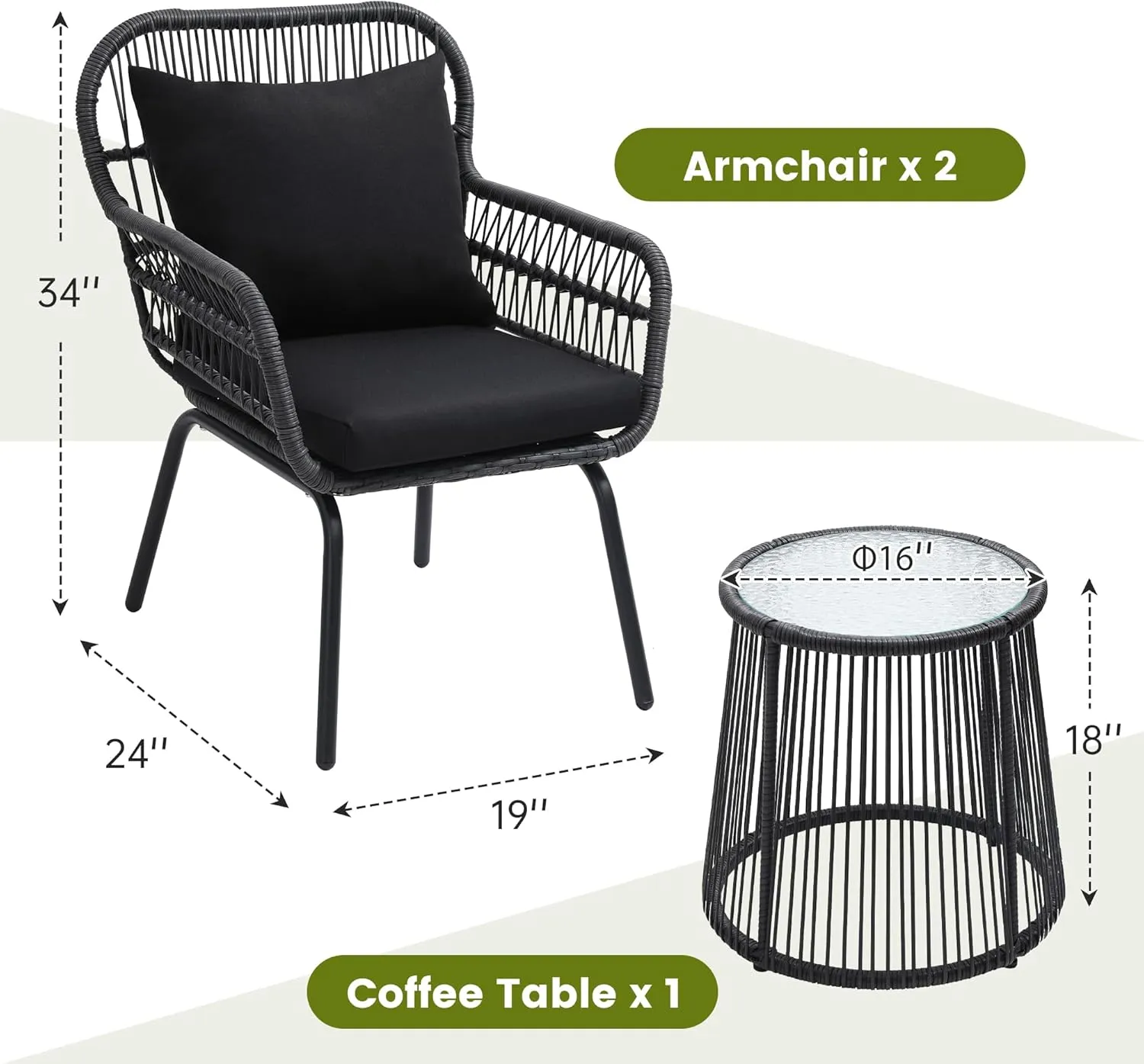 3 Piece Rattan Wicker Bistro Set, Outdoor Conversation Furniture Set with Glass Top Table, Space Saving for Balcony, Backyard, Black
