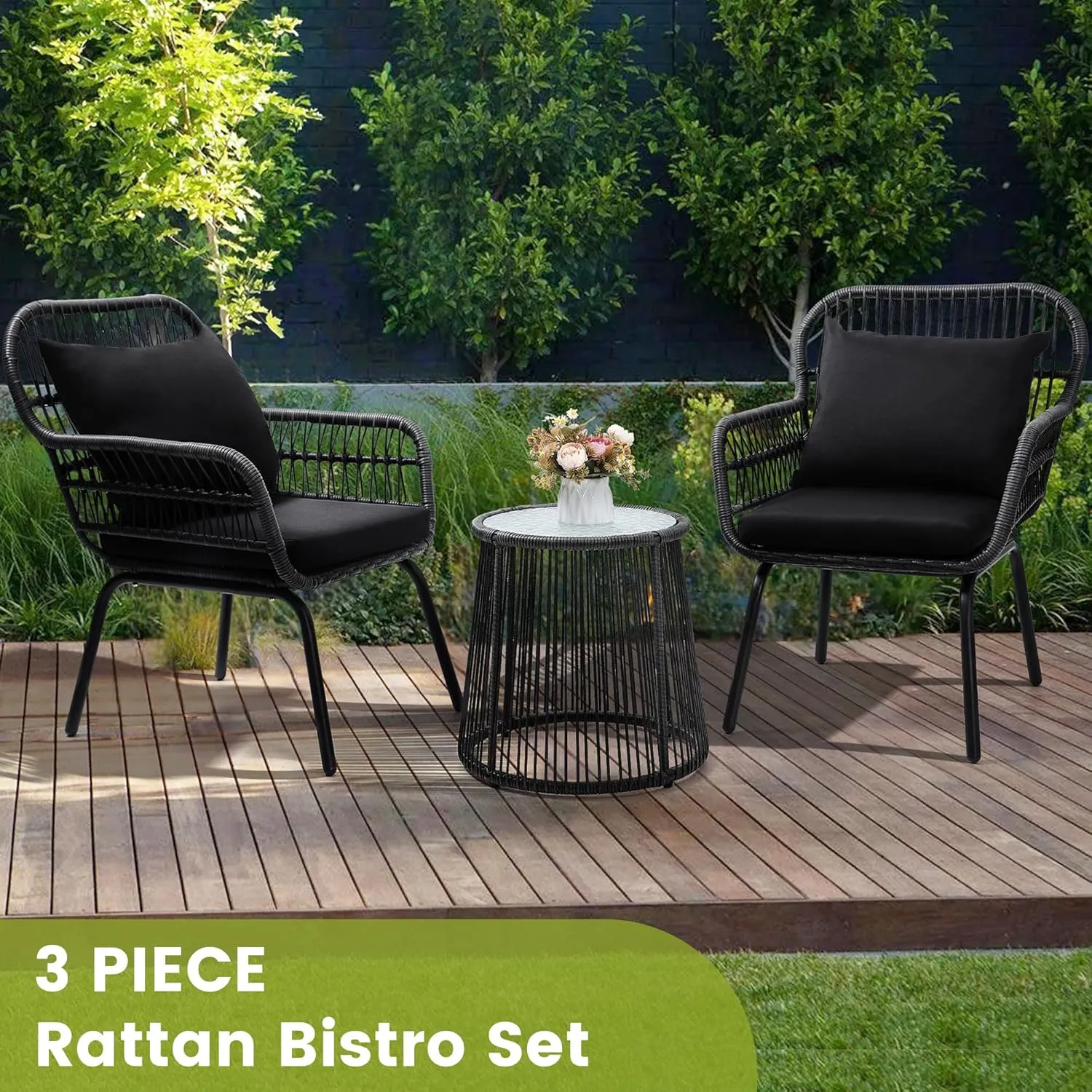 3 Piece Rattan Wicker Bistro Set, Outdoor Conversation Furniture Set with Glass Top Table, Space Saving for Balcony, Backyard, Black