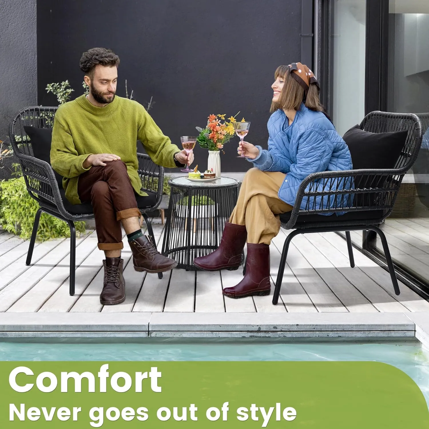 3 Piece Rattan Wicker Bistro Set, Outdoor Conversation Furniture Set with Glass Top Table, Space Saving for Balcony, Backyard, Black