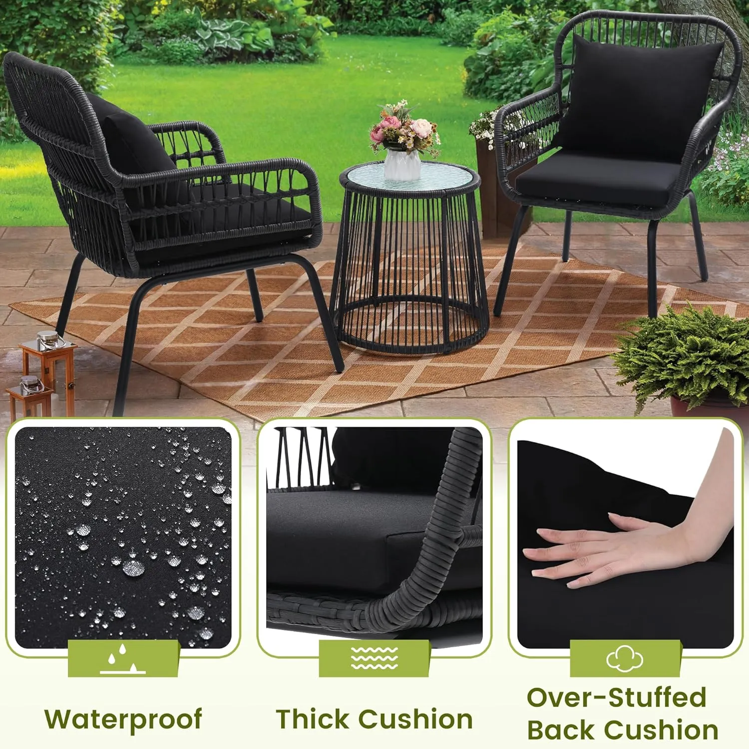 3 Piece Rattan Wicker Bistro Set, Outdoor Conversation Furniture Set with Glass Top Table, Space Saving for Balcony, Backyard, Black