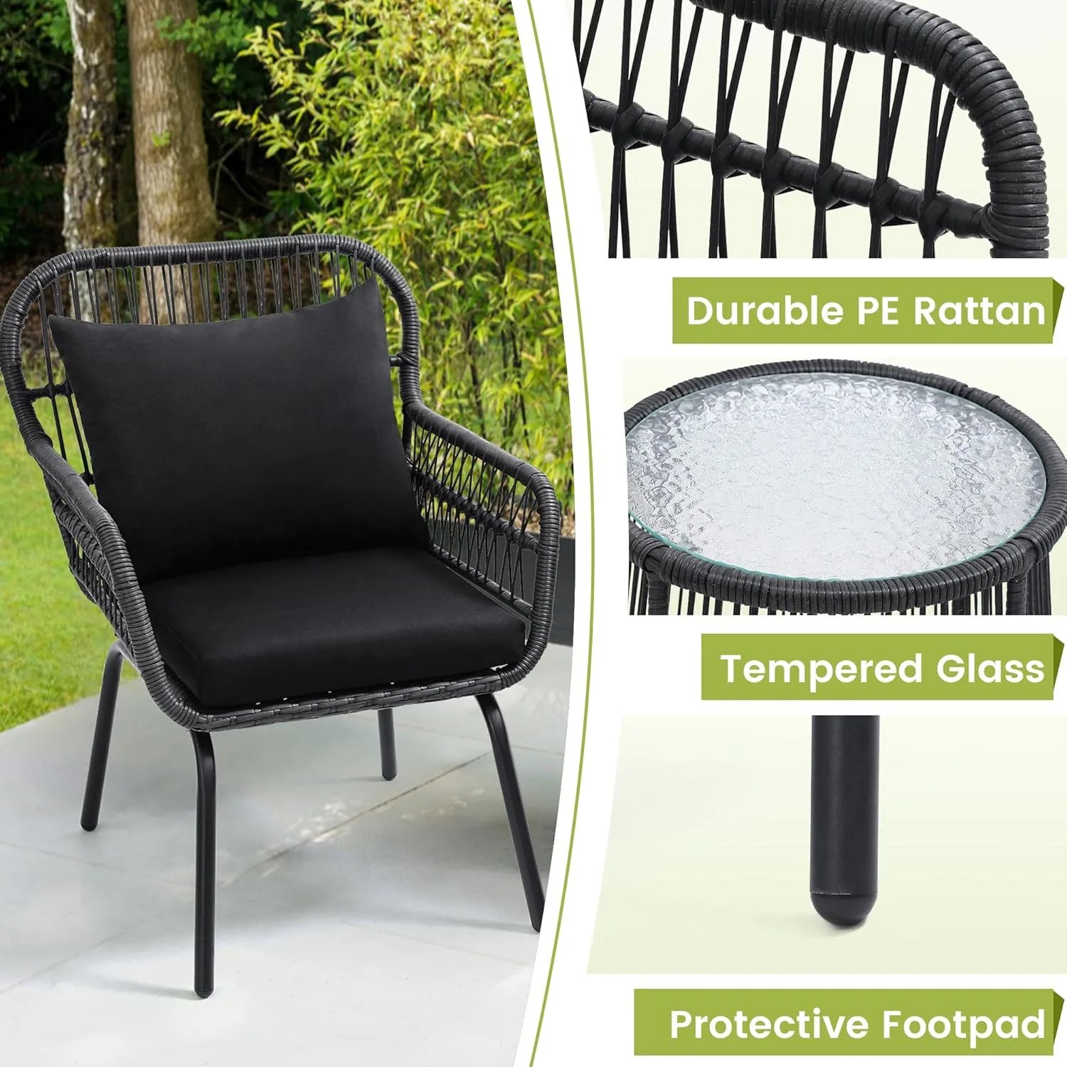 3 Piece Rattan Wicker Bistro Set, Outdoor Conversation Furniture Set with Glass Top Table, Space Saving for Balcony, Backyard, Black