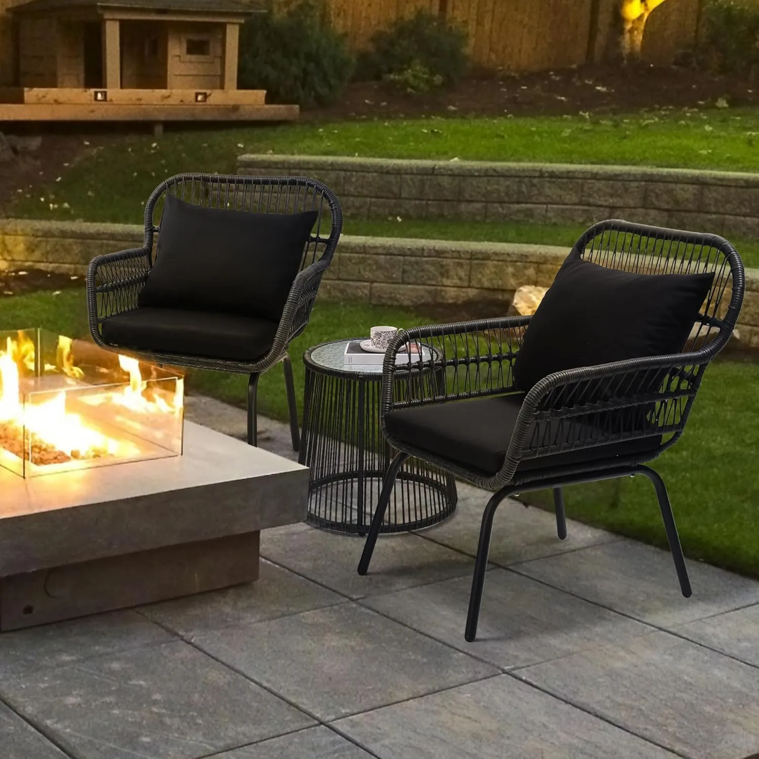 3 Piece Rattan Wicker Bistro Set, Outdoor Conversation Furniture Set with Glass Top Table, Space Saving for Balcony, Backyard, Black