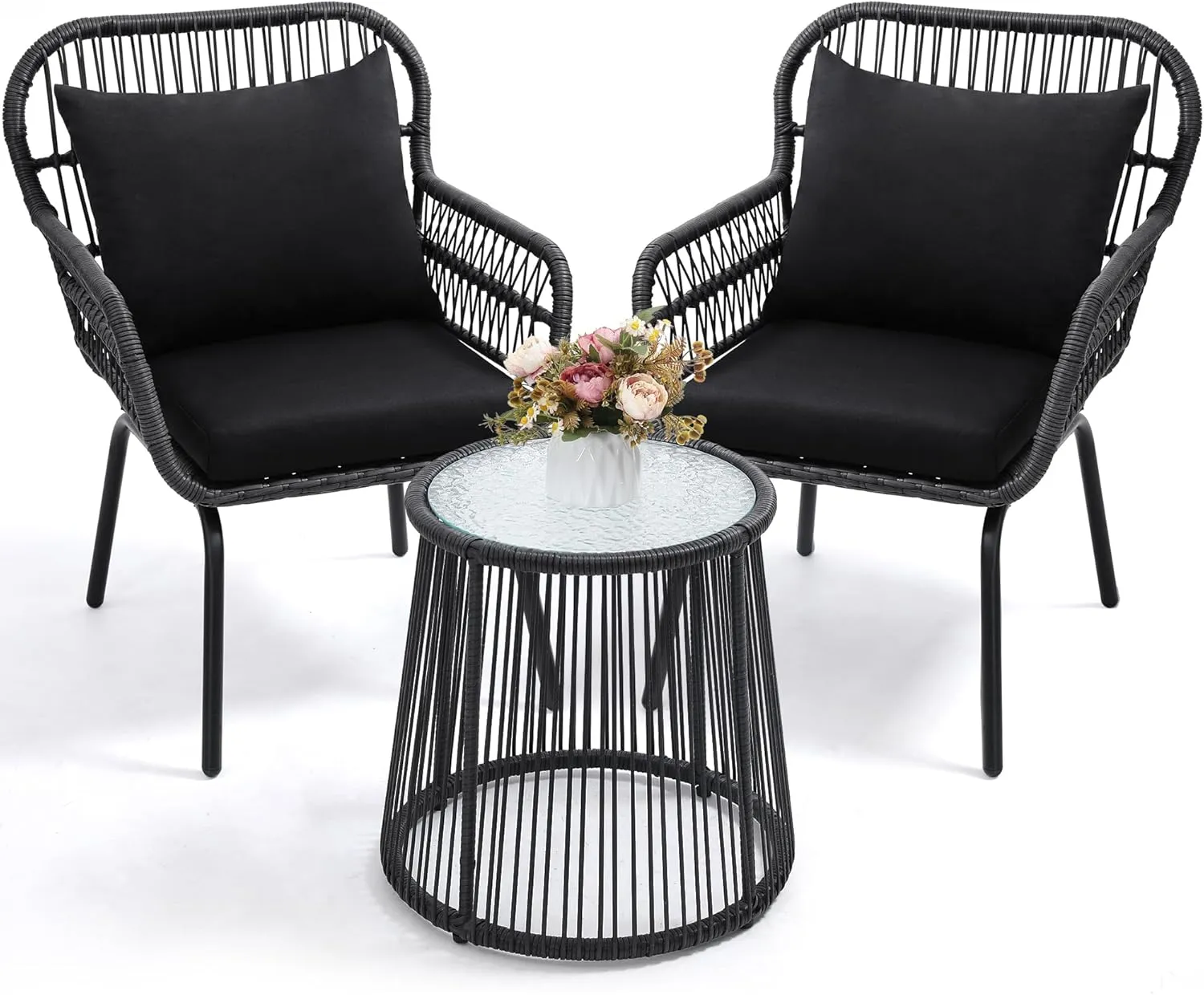 3 Piece Rattan Wicker Bistro Set, Outdoor Conversation Furniture Set with Glass Top Table, Space Saving for Balcony, Backyard, Black
