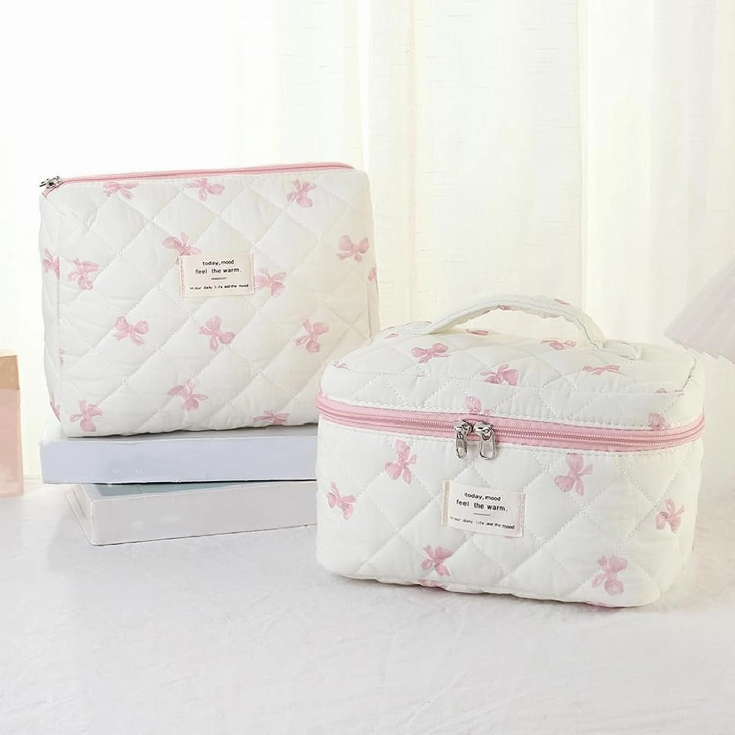 3 Pcs Quilted Makeup Bag Set, Bow, Coquette, Floral Make Up Bag - Large Toiletry Cosmetic Bags Organizer for Women & Girls (K-3PCS)
