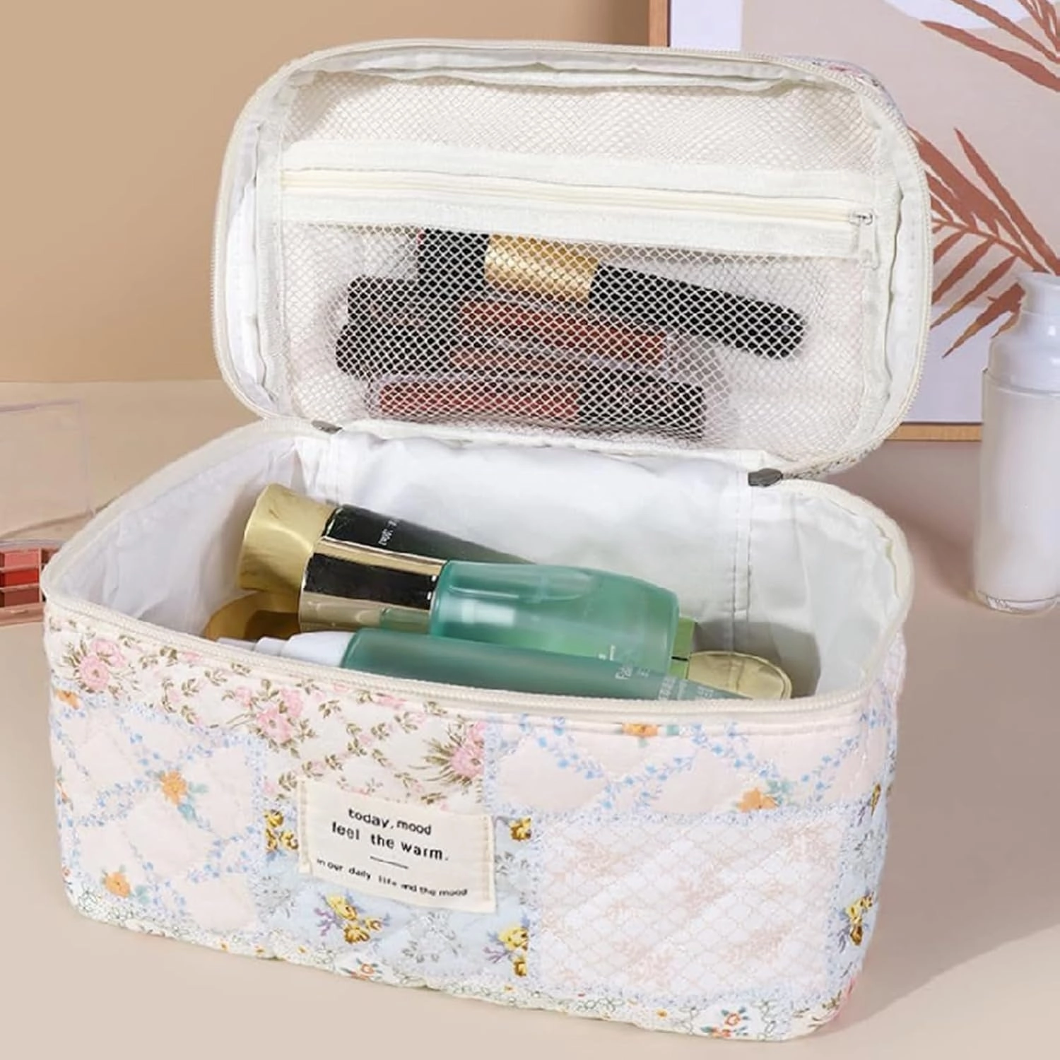 3 Pcs Quilted Makeup Bag Set,Coquette Cotton Make up Bag,Cute Floral Makeup Bags Large Toiletry Cosmetic Bag Organizer for Women Girls (J-3PCS)