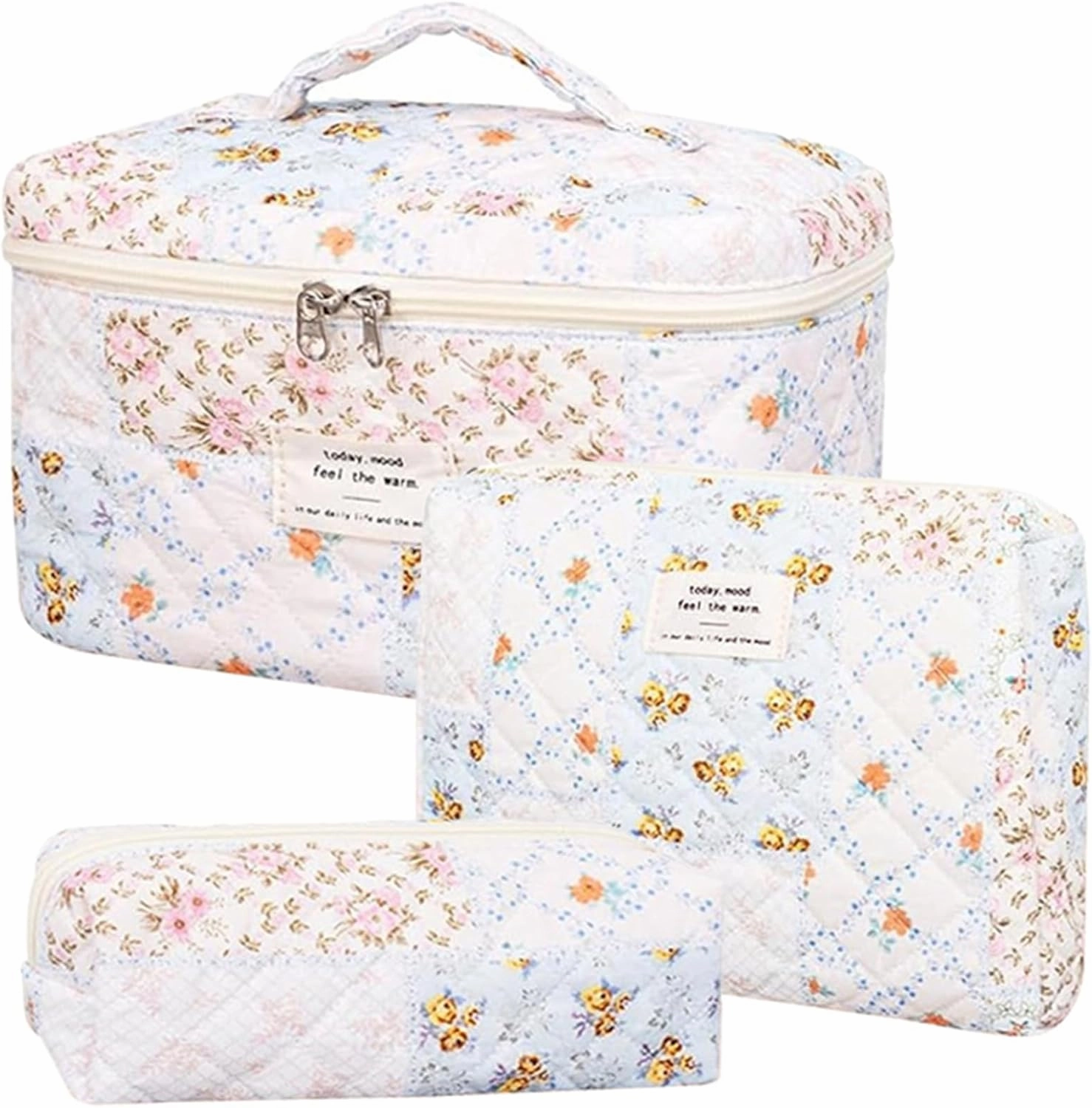 3 Pcs Quilted Makeup Bag Set,Coquette Cotton Make up Bag,Cute Floral Makeup Bags Large Toiletry Cosmetic Bag Organizer for Women Girls (J-3PCS)