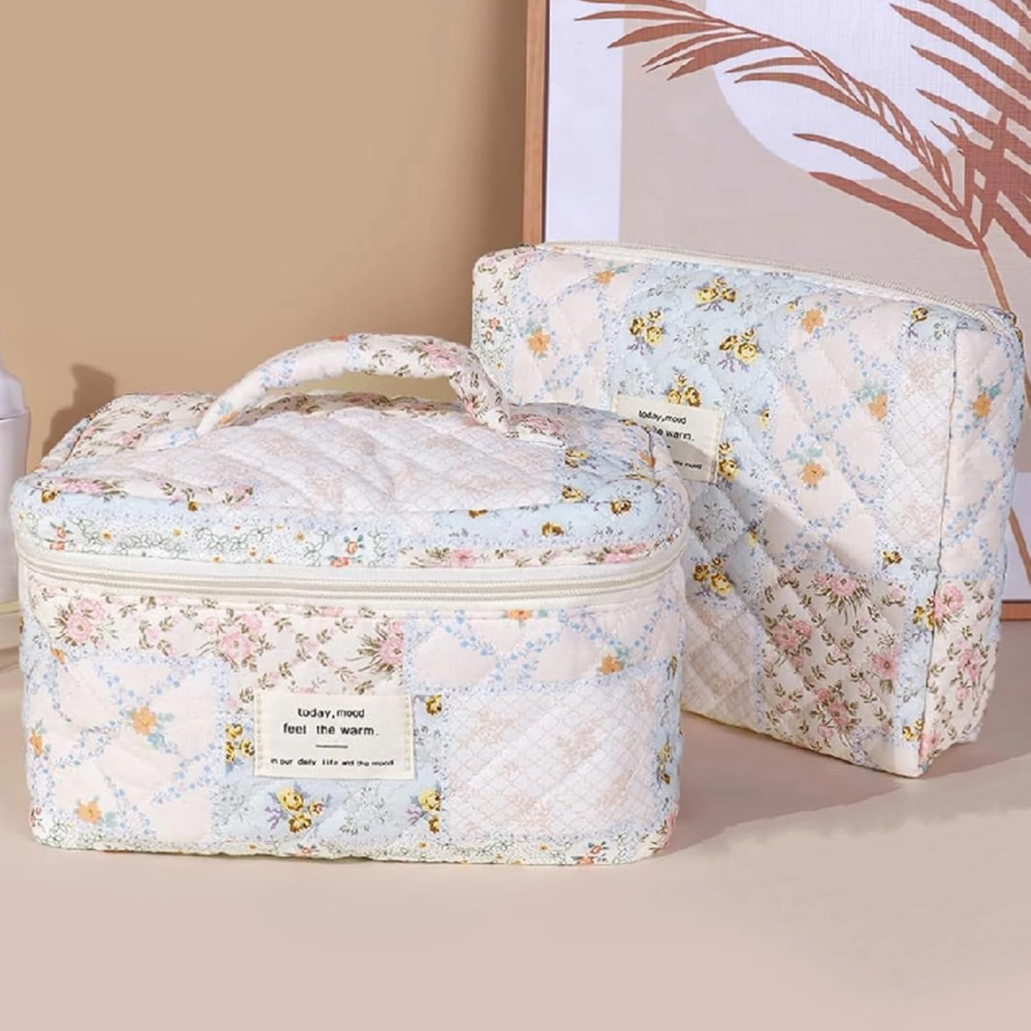 3 Pcs Quilted Makeup Bag Set,Coquette Cotton Make up Bag,Cute Floral Makeup Bags Large Toiletry Cosmetic Bag Organizer for Women Girls (J-3PCS)