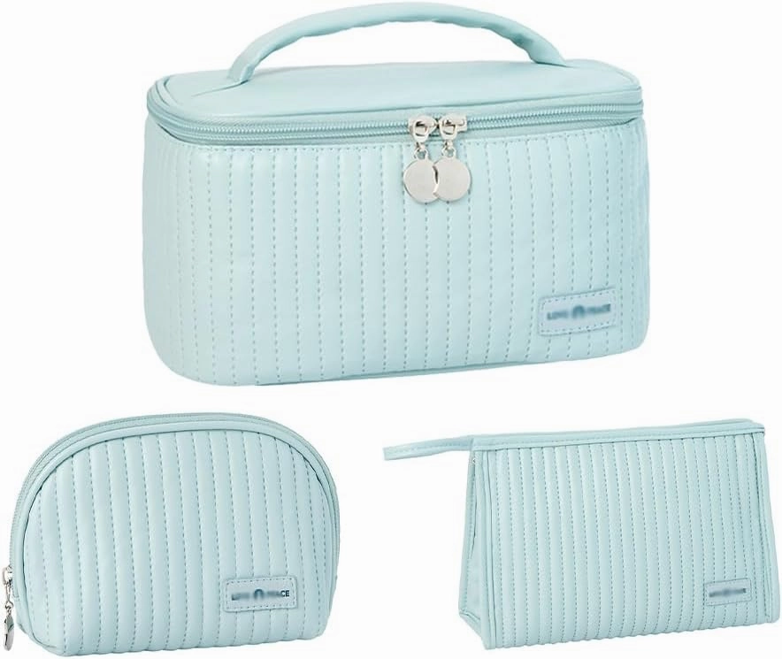 3 Piece Quilted Makeup Bag Set, Travel Cosmetic Cases with Handle, Large Capacity Toiletry Organizer (Blue)