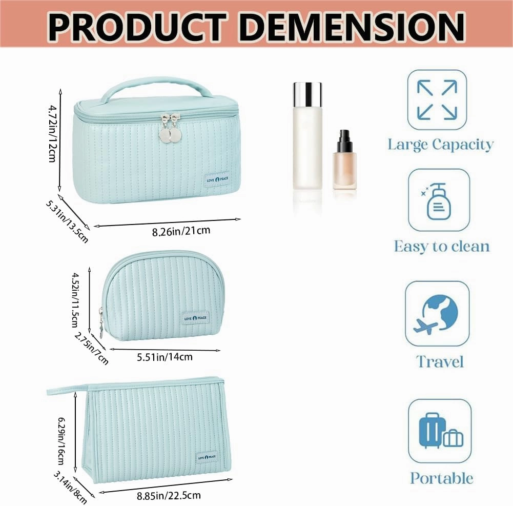 3 Piece Quilted Makeup Bag Set, Travel Cosmetic Cases with Handle, Large Capacity Toiletry Organizer (Blue)