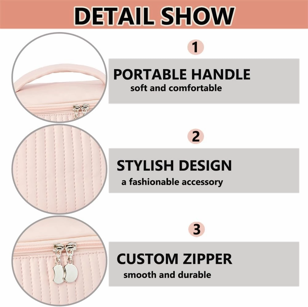 3 Piece Quilted Makeup Bag Set, Travel Cosmetic Cases with Handle, Large Capacity Toiletry Organizer (Pink)