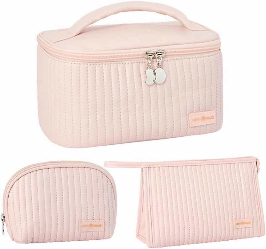 3 Piece Quilted Makeup Bag Set, Travel Cosmetic Cases with Handle, Large Capacity Toiletry Organizer (Pink)