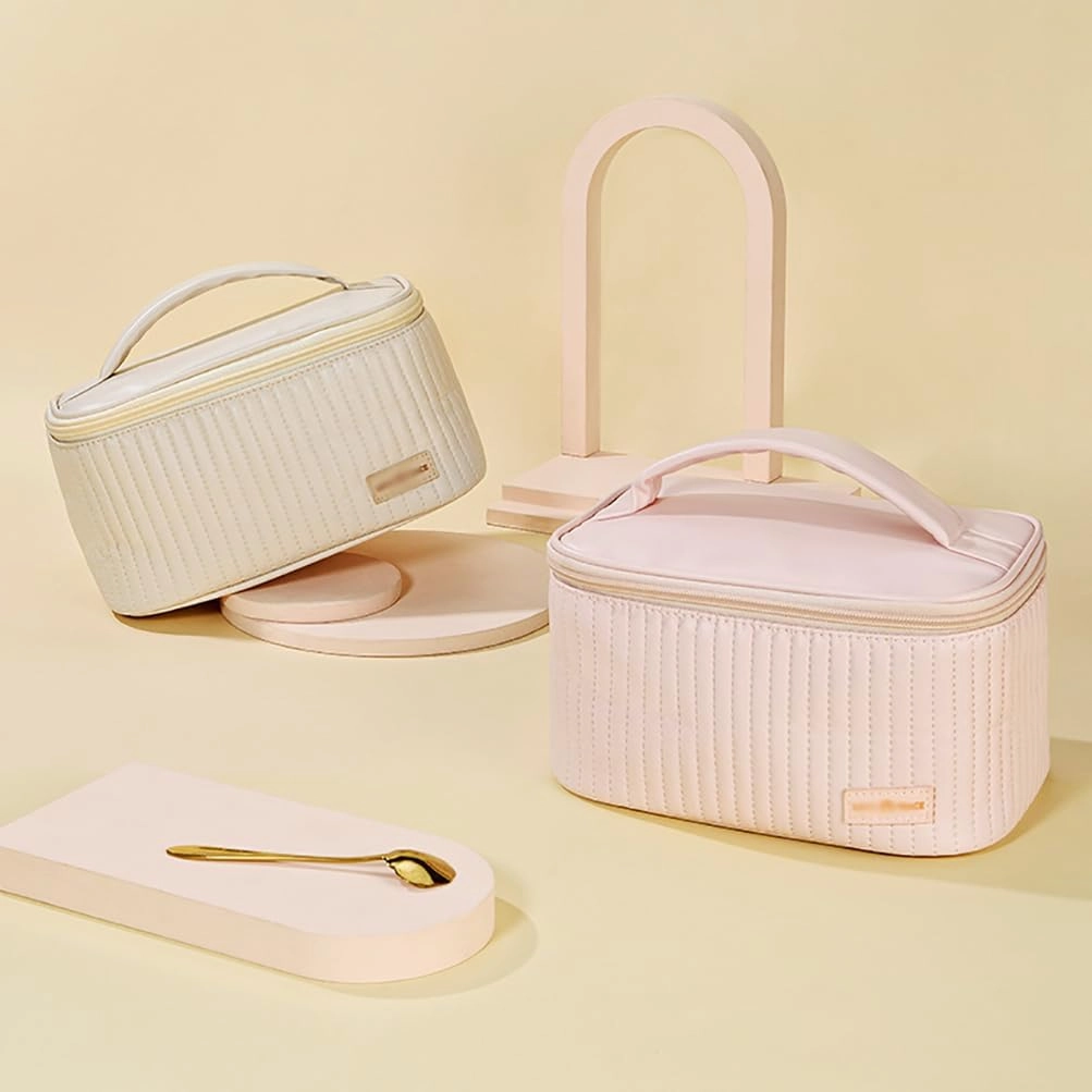 3 Piece Quilted Makeup Bag Set, Travel Cosmetic Cases with Handle, Large Capacity Toiletry Organizer (Pink)