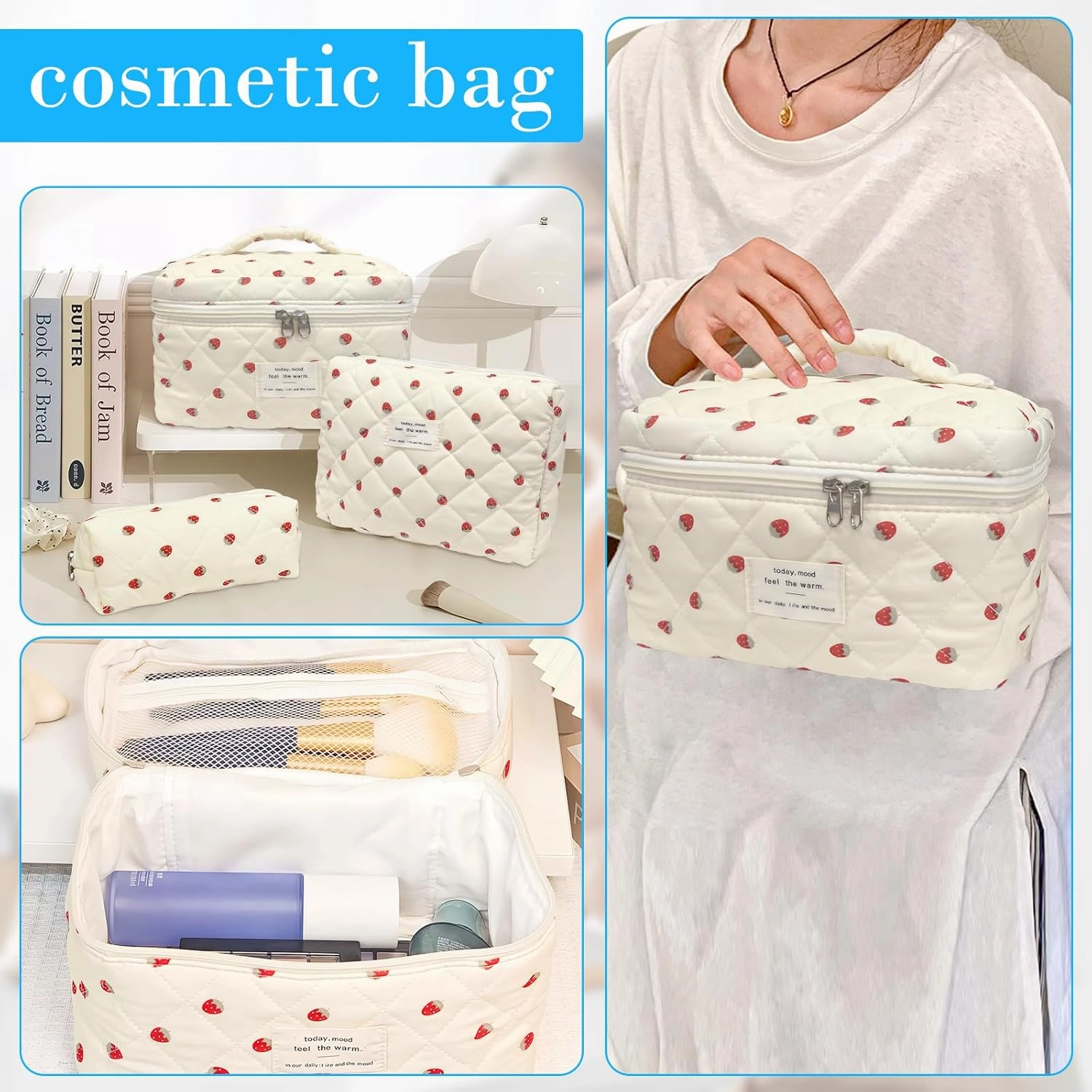 3 Piece Strawberry Quilted Makeup Bag, Large Capacity Travel Cosmetic Bag for Women and Girls, Aesthetic Storage for Daily and Travel Use (3pcs-Strawberry)