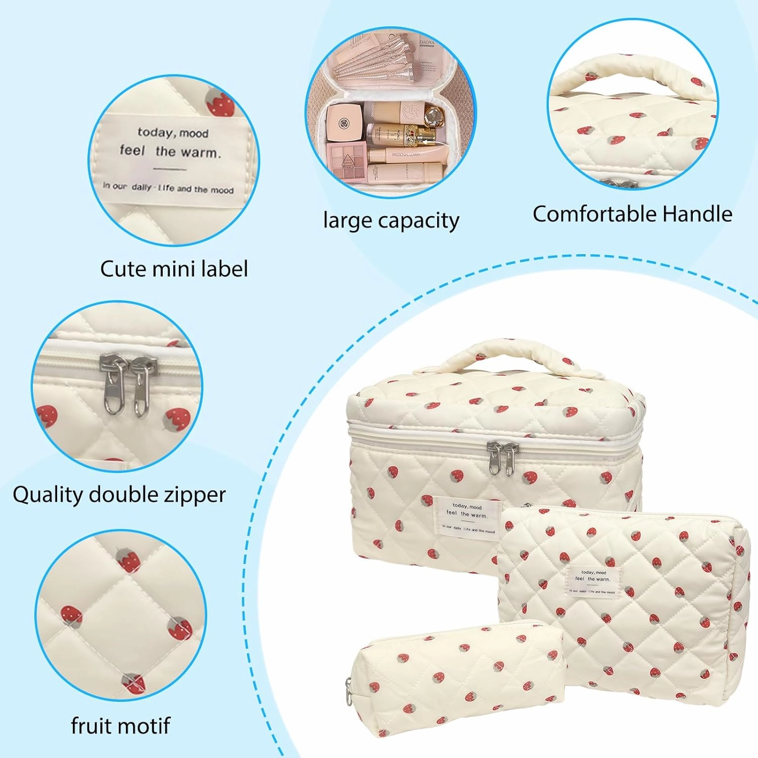 3 Piece Strawberry Quilted Makeup Bag, Large Capacity Travel Cosmetic Bag for Women and Girls, Aesthetic Storage for Daily and Travel Use (3pcs-Strawberry)