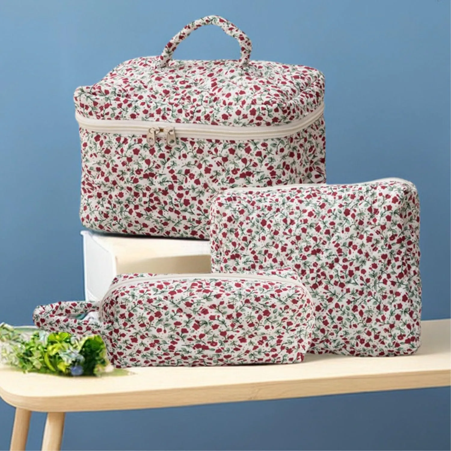 3Pcs Cotton Quilted Makeup Bag Set, Cute Floral Makeup Bags, Large Travel Coquette Make up Bag Cosmetic Bag Toiletry Organizer Bag for Women Girls (D)