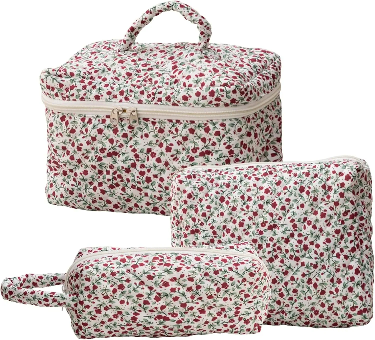 3Pcs Cotton Quilted Makeup Bag Set, Cute Floral Makeup Bags, Large Travel Coquette Make up Bag Cosmetic Bag Toiletry Organizer Bag for Women Girls (D)