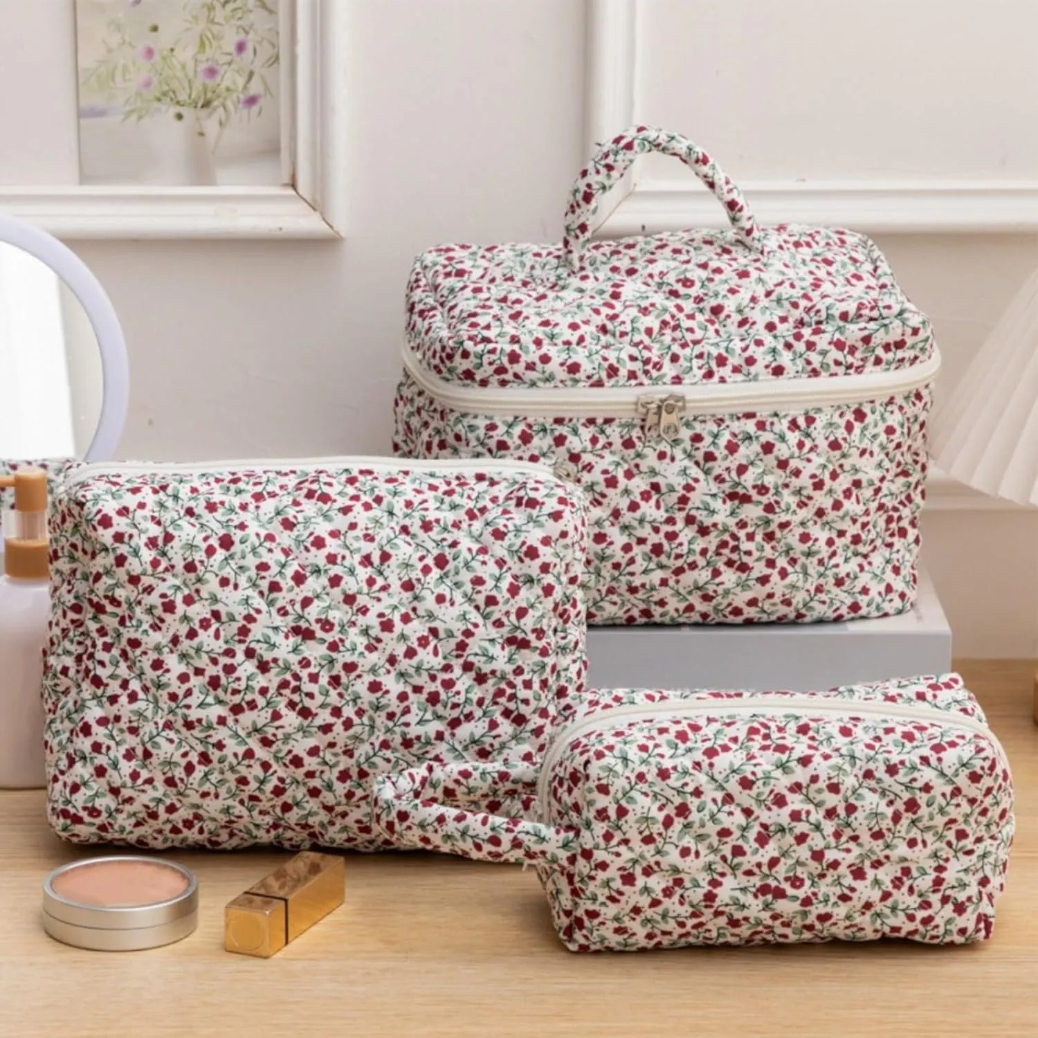 3Pcs Cotton Quilted Makeup Bag Set, Cute Floral Makeup Bags, Large Travel Coquette Make up Bag Cosmetic Bag Toiletry Organizer Bag for Women Girls (D)