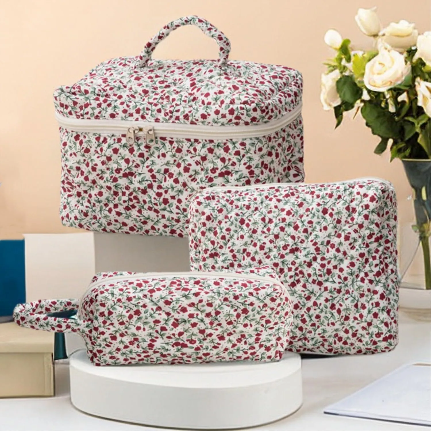 3Pcs Cotton Quilted Makeup Bag Set, Cute Floral Makeup Bags, Large Travel Coquette Make up Bag Cosmetic Bag Toiletry Organizer Bag for Women Girls (D)