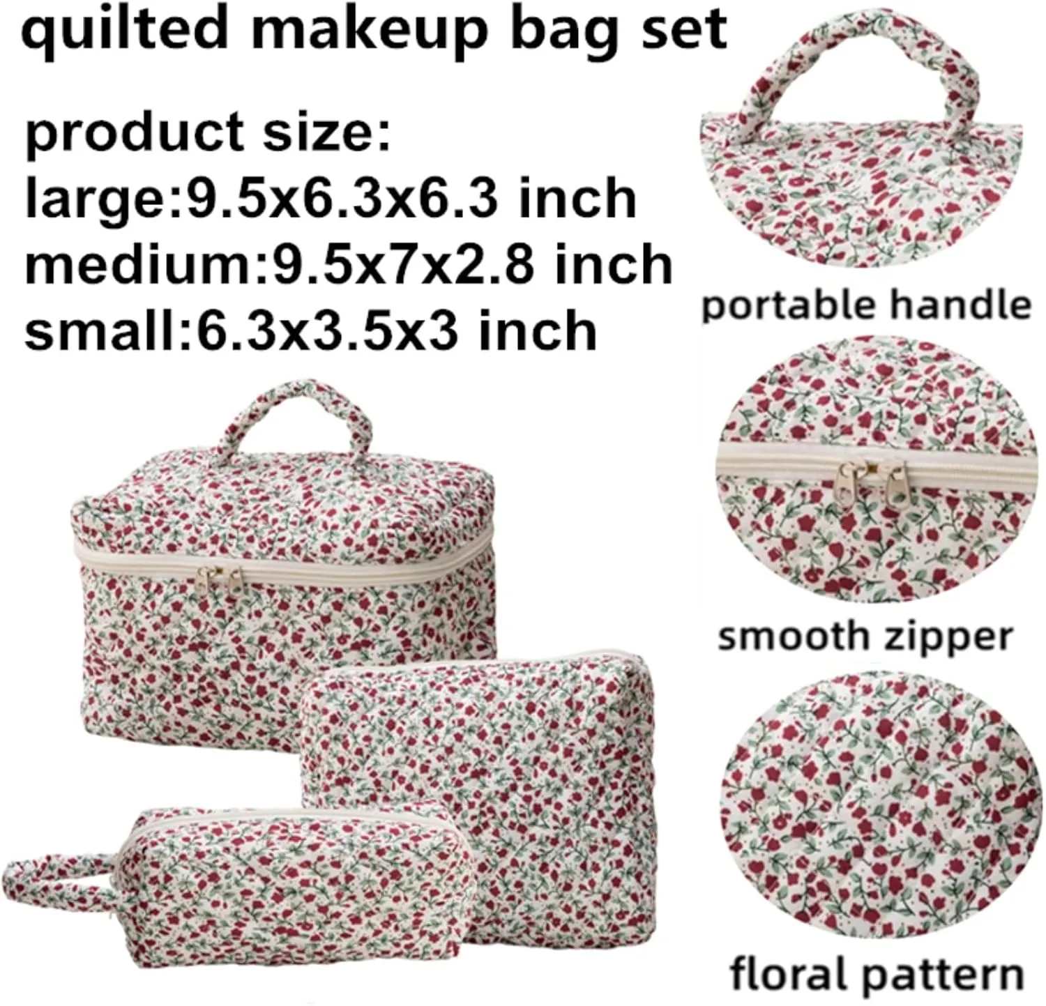 3Pcs Cotton Quilted Makeup Bag Set, Cute Floral Makeup Bags, Large Travel Coquette Make up Bag Cosmetic Bag Toiletry Organizer Bag for Women Girls (D)
