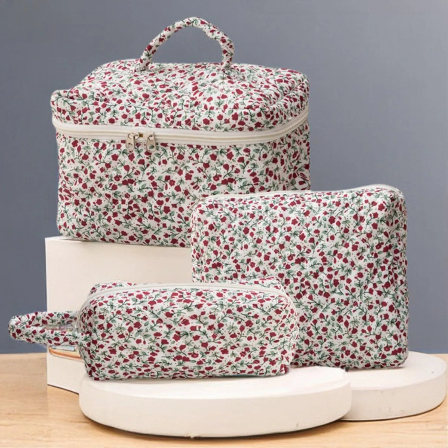 3Pcs Cotton Quilted Makeup Bag Set, Cute Floral Makeup Bags, Large Travel Coquette Make up Bag Cosmetic Bag Toiletry Organizer Bag for Women Girls (D)