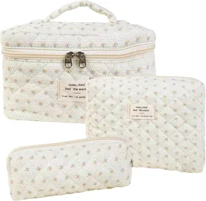 3Pcs Cotton Quilted Makeup Bag Set, Cute Floral Makeup Bags, Large Travel Coquette Make up Bag Cosmetic Bag Toiletry Organizer Bag for Women Girls (G)