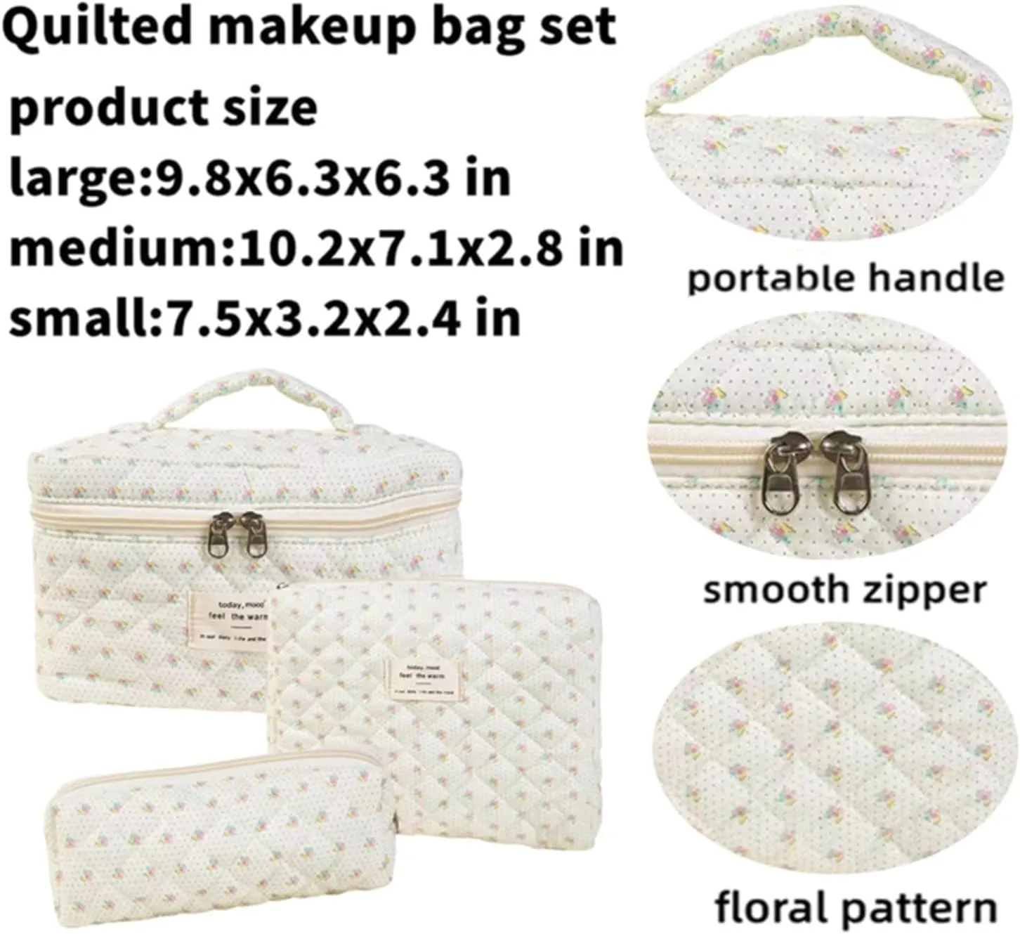 3Pcs Cotton Quilted Makeup Bag Set, Cute Floral Makeup Bags, Large Travel Coquette Make up Bag Cosmetic Bag Toiletry Organizer Bag for Women Girls (G)