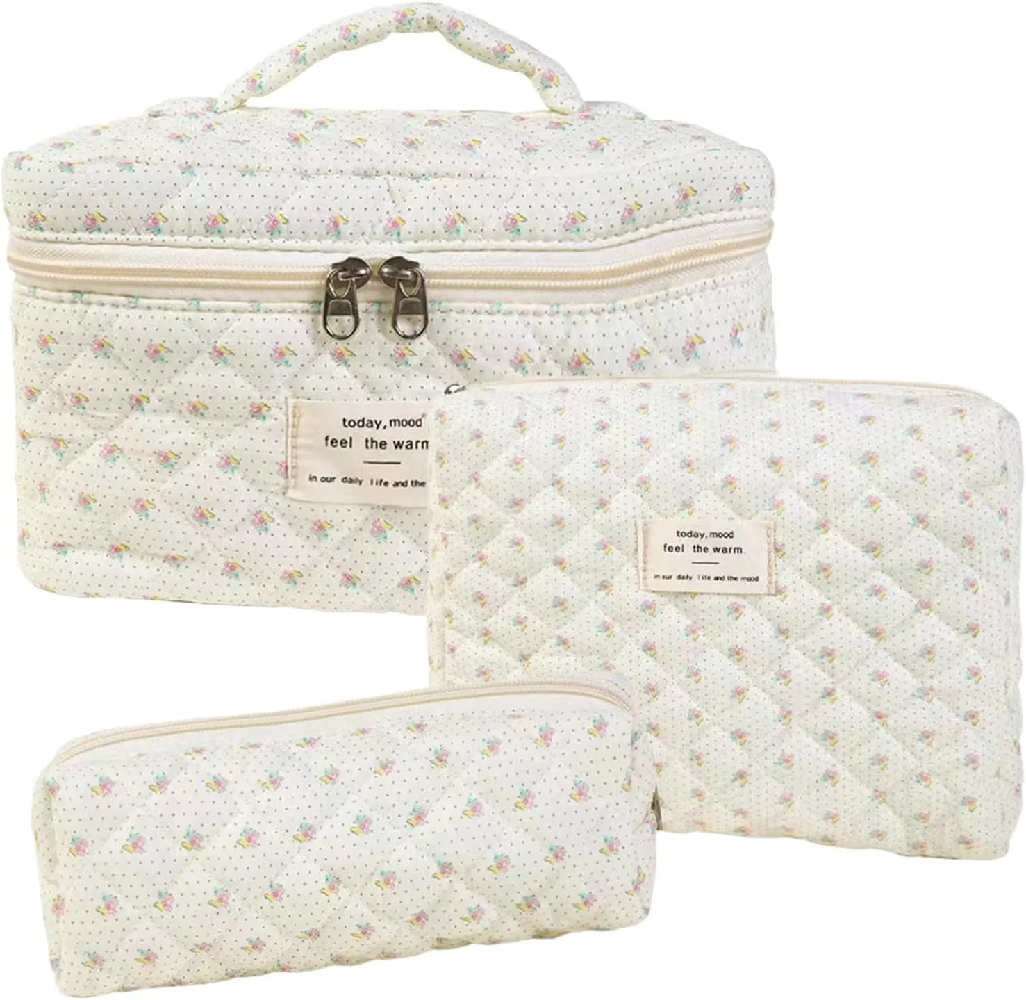 3Pcs Cotton Quilted Makeup Bag Set, Cute Floral Makeup Bags, Large Travel Coquette Make up Bag Cosmetic Bag Toiletry Organizer Bag for Women Girls (G)