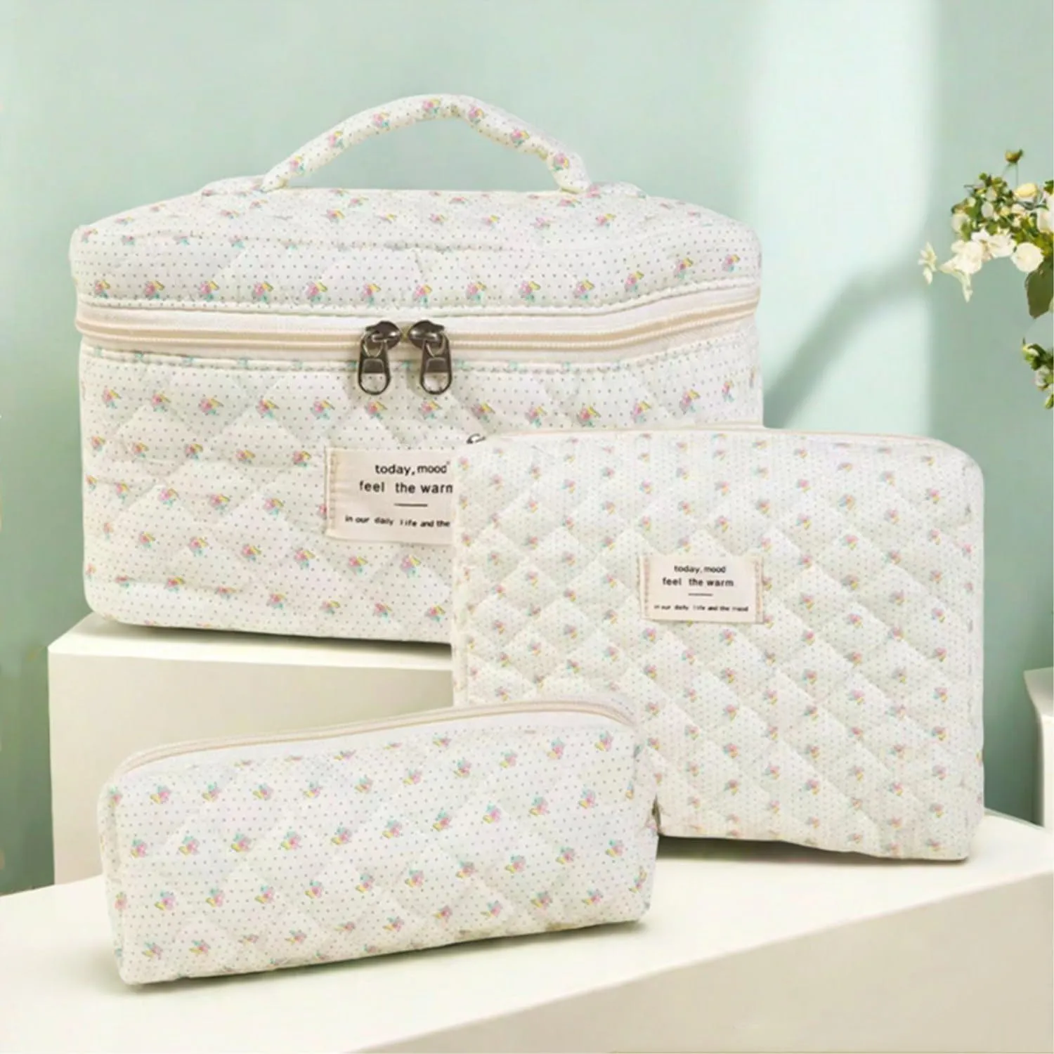3Pcs Cotton Quilted Makeup Bag Set, Cute Floral Makeup Bags, Large Travel Coquette Make up Bag Cosmetic Bag Toiletry Organizer Bag for Women Girls (G)