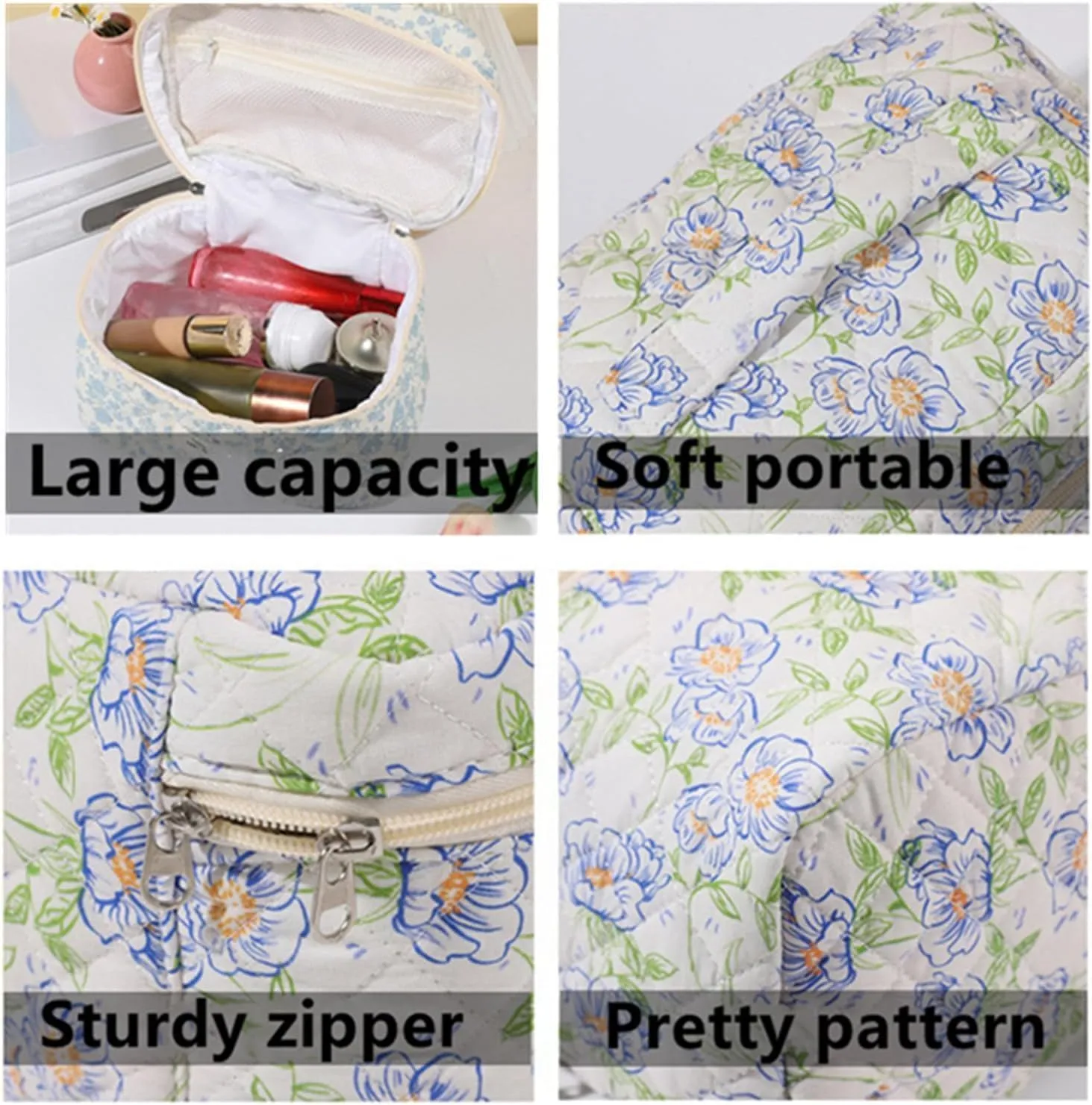 3Pcs Cotton Quilted Makeup Bag Set, Cute Floral Makeup Bags, Large Travel Coquette Make up Bag Cosmetic Bag Toiletry Organizer Bag for Women Girls (G)