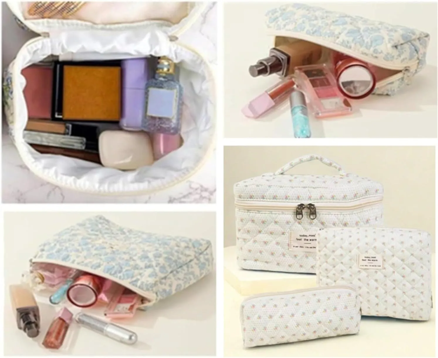 3Pcs Cotton Quilted Makeup Bag Set, Cute Floral Makeup Bags, Large Travel Coquette Make up Bag Cosmetic Bag Toiletry Organizer Bag for Women Girls (G)