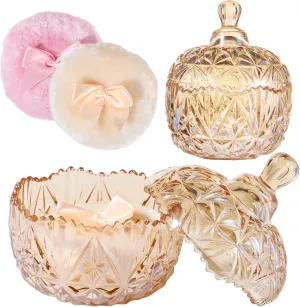 3PCS Glass Powder Puff Container Set, Large Body Powder Puff and Container Crystal Containers Soft Washable Reusable Velour Face Body Glitter Wet Dry Makeup