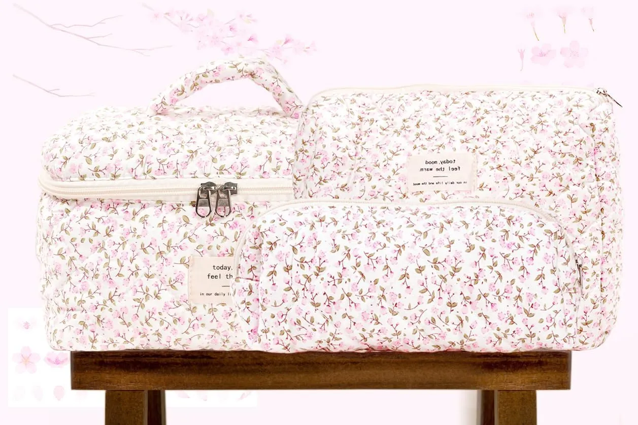 3PCS Makeup Bag Large Cosmetic Pouch Bag with Handle Cute Floral Small Makeup Bag for Purse, Quilted Cotton Skincare Storage Bag Travel Makeup Bag Set for Women, Bridesmaids, Gifts, Pink
