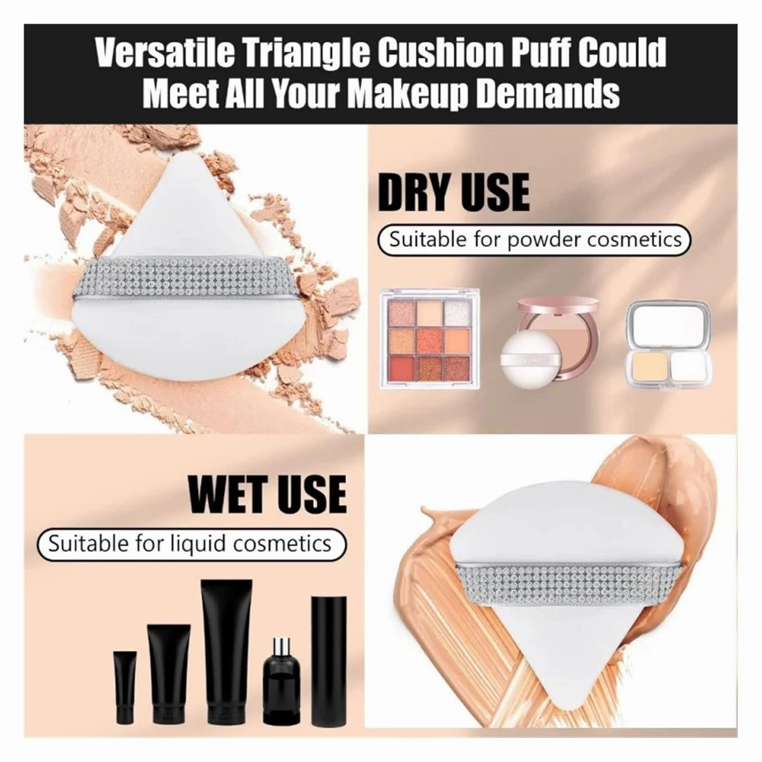3Pcs Diamond Triangle Powder Puff Face Soft Makeup Tool Rhinestone Soft Smooth Sponge Velvet Makeup Sponge Cosmetics Accessories(Skin-3pcs)