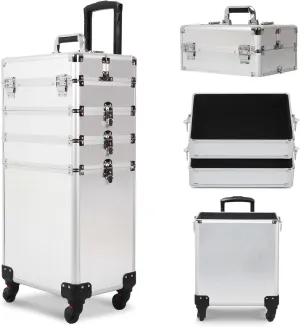 4 in 1 Rolling Makeup Train Case, Large Storage Cosmetic Trolley Makeup Travel Case with Key & Wheels Salon Barber Case Traveling Cart Trunk (SILVER)