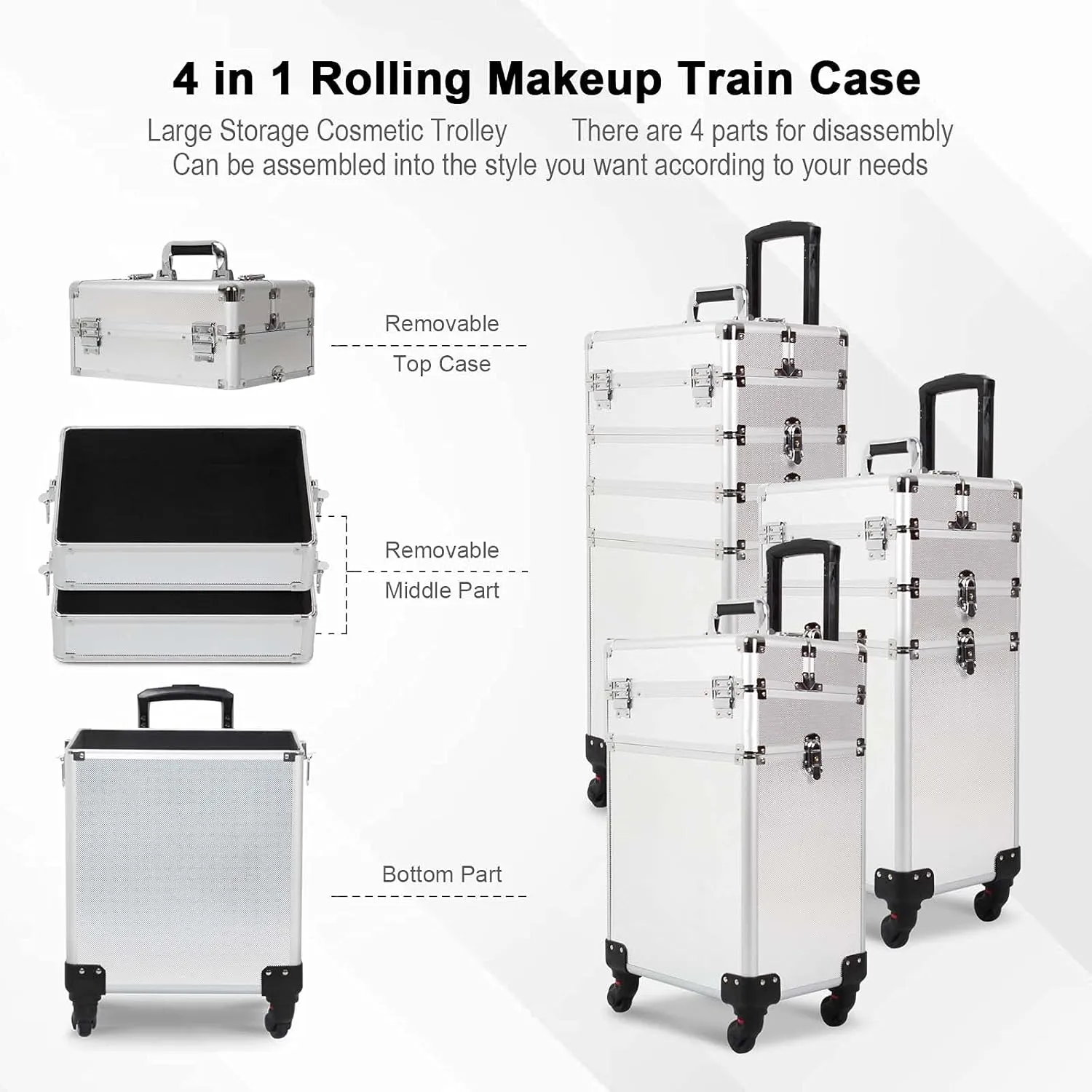 4 in 1 Rolling Makeup Train Case, Large Storage Cosmetic Trolley Makeup Travel Case with Key & Wheels Salon Barber Case Traveling Cart Trunk (SILVER)