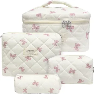 4 Piece Cute Pink Bow Quilted Makeup Bag Set, Large Capacity Travel Makeup Bags for Women and Girls, Includes Small, Small-Medium，Medium, and Large aesthetic makeup&Cosmetic Bags (4PCS-Pink Bow)