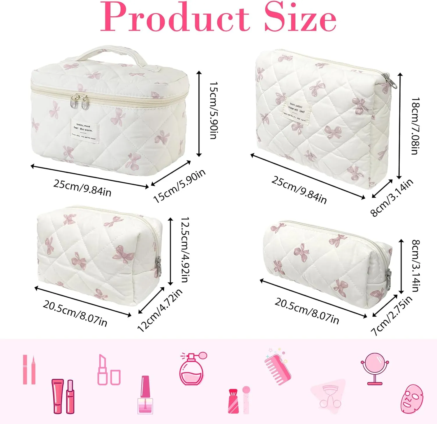 4 Piece Cute Pink Bow Quilted Makeup Bag Set, Large Capacity Travel Makeup Bags for Women and Girls, Includes Small, Small-Medium，Medium, and Large aesthetic makeup&Cosmetic Bags (4PCS-Pink Bow)