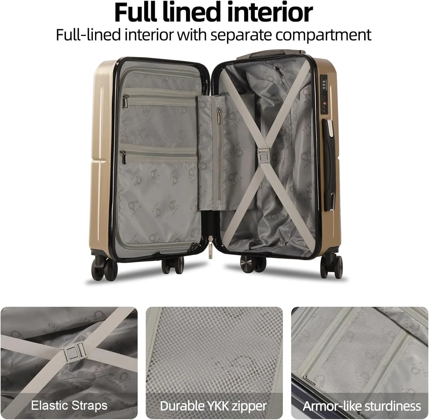 4 Piece Luggage Set ABS PC Expandable Hardshell TSA Lock Aluminum Trolley Spinner Wheels (Champagne, 4 Piece Set)