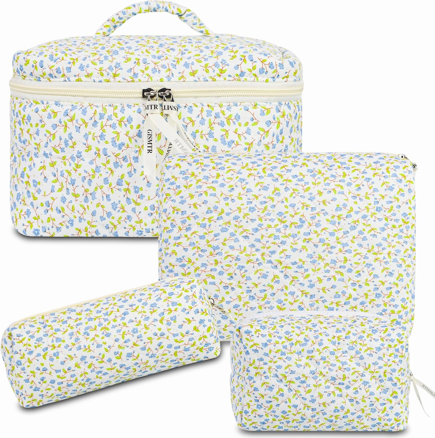 4Pcs Quilted Makeup Bag Set Cute Floral Cosmetic Bag Cotton Coquette Make up Bag Aesthetic Travel Toiletry Bag for Women Girls