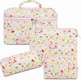4Pcs Quilted Makeup Bag Set Cute Floral Cosmetic Bag Cotton Coquette Make up Bag Aesthetic Travel Toiletry Bag for Women Girls