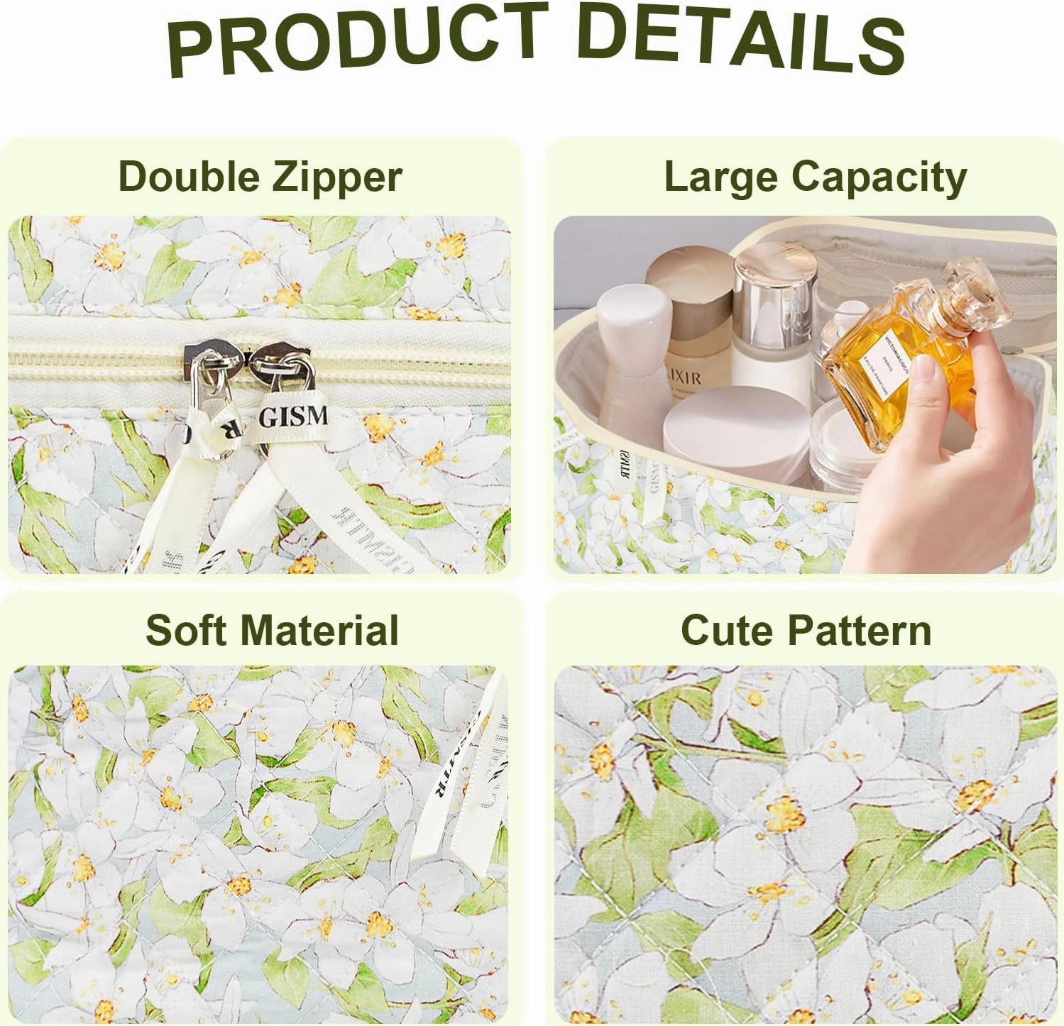 4Pcs Quilted Makeup Bag Set Cute Floral Cosmetic Bag Cotton Coquette Make up Bag Aesthetic Travel Toiletry Bag for Women Girls