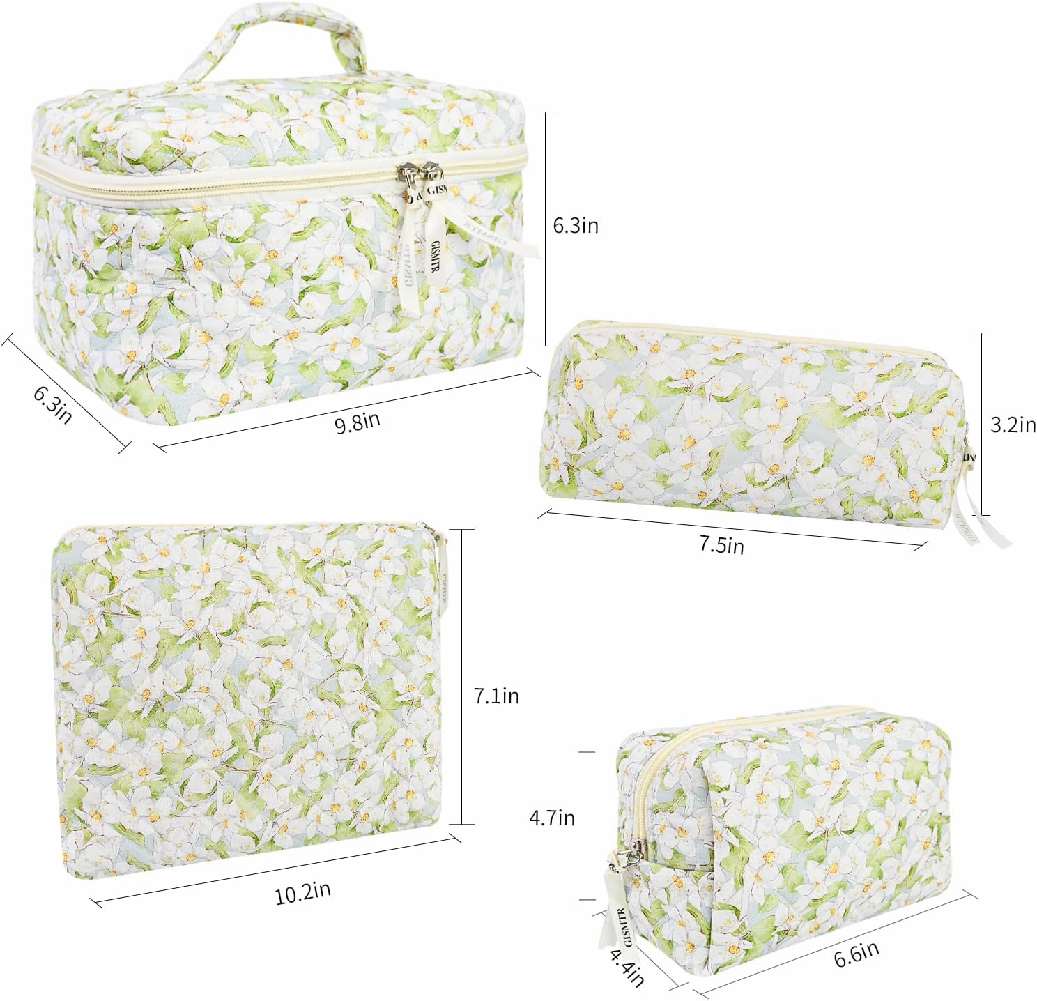 4Pcs Quilted Makeup Bag Set Cute Floral Cosmetic Bag Cotton Coquette Make up Bag Aesthetic Travel Toiletry Bag for Women Girls