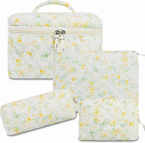 4Pcs Quilted Makeup Bag Set Cute Floral Cosmetic Bag Cotton Coquette Make up Bag Aesthetic Travel Toiletry Bag for Women Girls