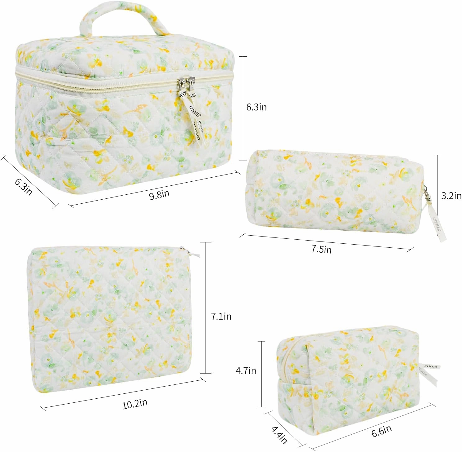 4Pcs Quilted Makeup Bag Set Cute Floral Cosmetic Bag Cotton Coquette Make up Bag Aesthetic Travel Toiletry Bag for Women Girls