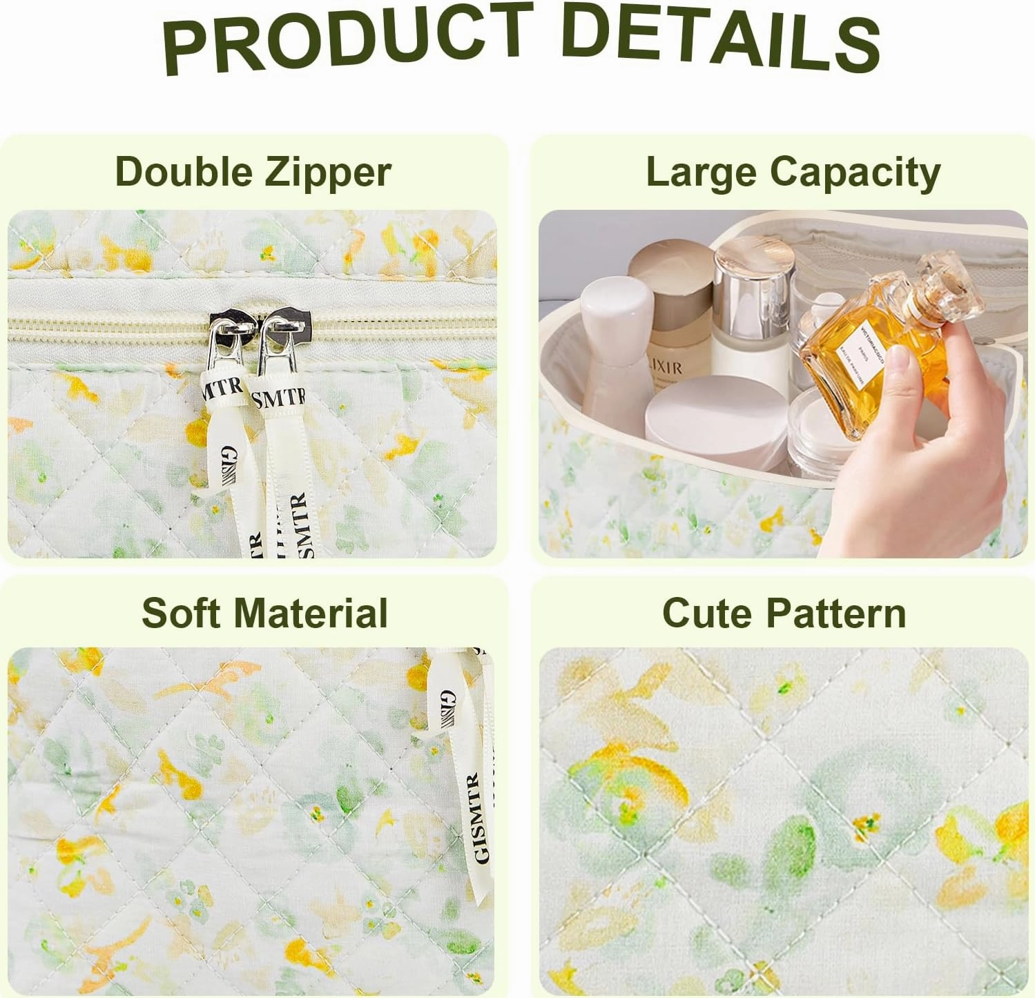4Pcs Quilted Makeup Bag Set Cute Floral Cosmetic Bag Cotton Coquette Make up Bag Aesthetic Travel Toiletry Bag for Women Girls