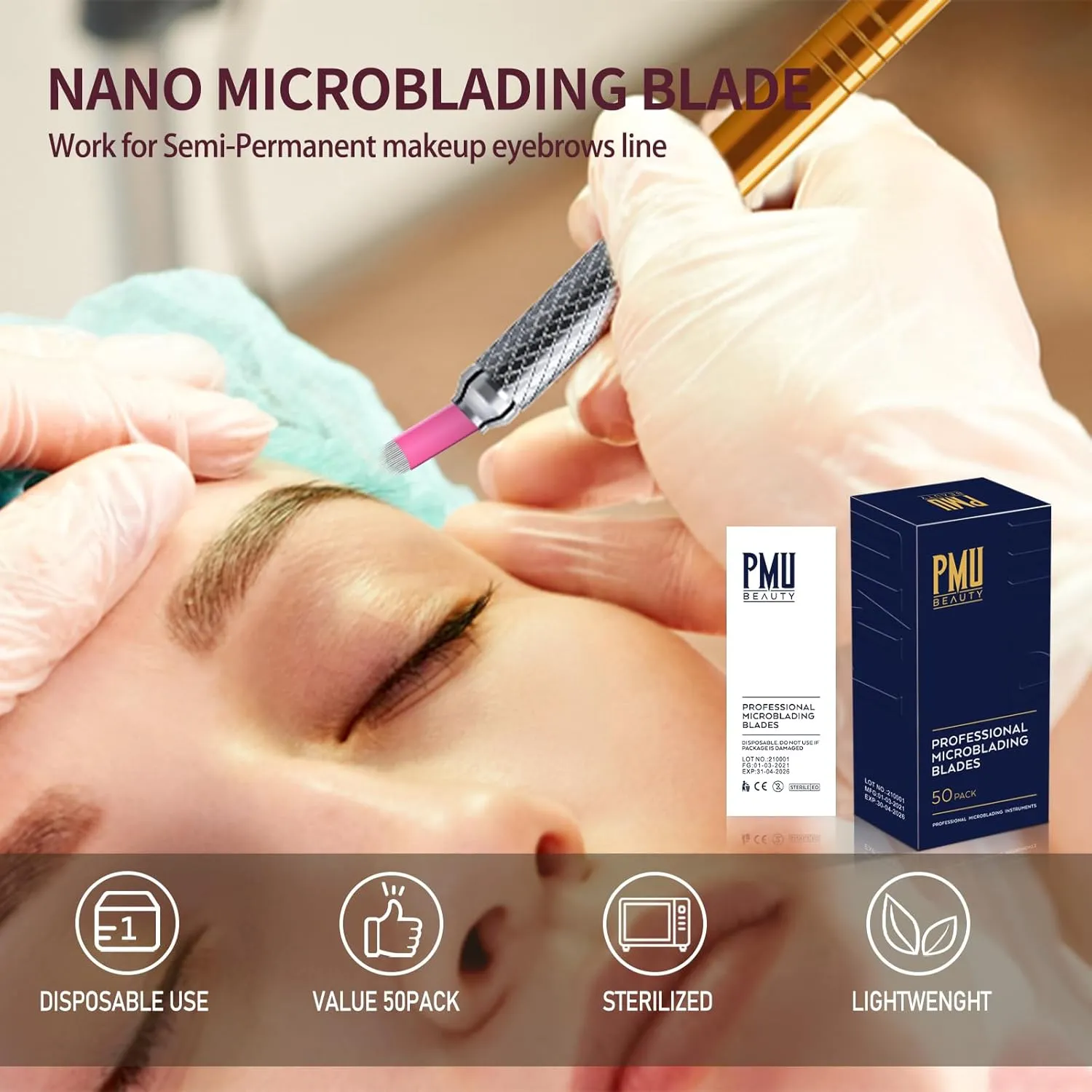 50Pcs Professional Nano Microlading Needles U Shape Microblades 0.18mm Diameter Disposable Manual Eyebrow Tattoo Blades for Hair Strokes Permanent Makeup Supplies Microblading Kits (18 U)