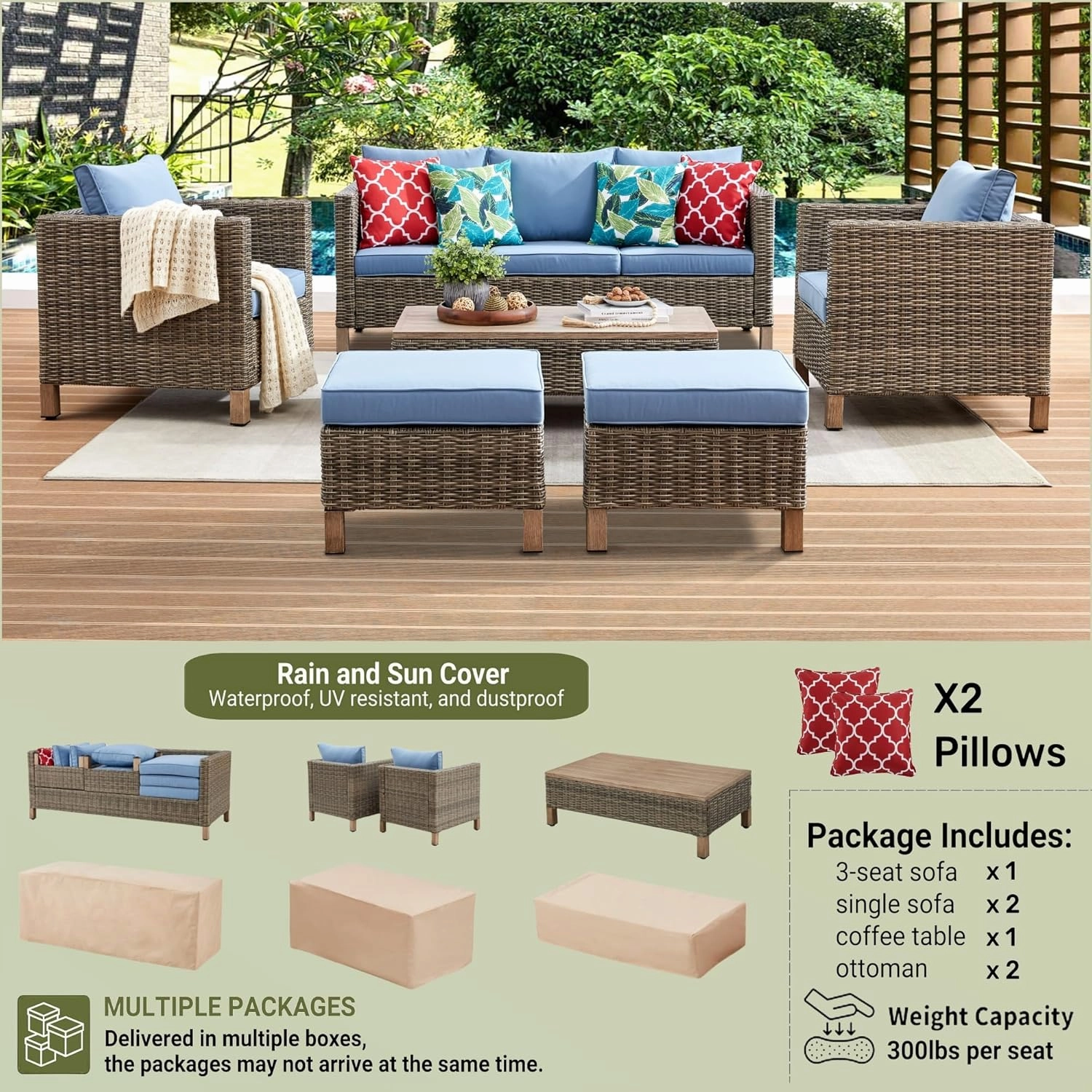 6 Pieces Sectional Sofa with Metal Top Coffee Table, Conversation Set Wicker Rattan Outdoor Furniture for Garden, Patio, Poolside, Porch PE Rattan Sofa (Blue)