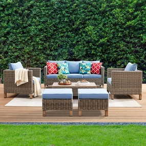 6 Pieces Sectional Sofa with Metal Top Coffee Table, Conversation Set Wicker Rattan Outdoor Furniture for Garden, Patio, Poolside, Porch PE Rattan Sofa (Blue)